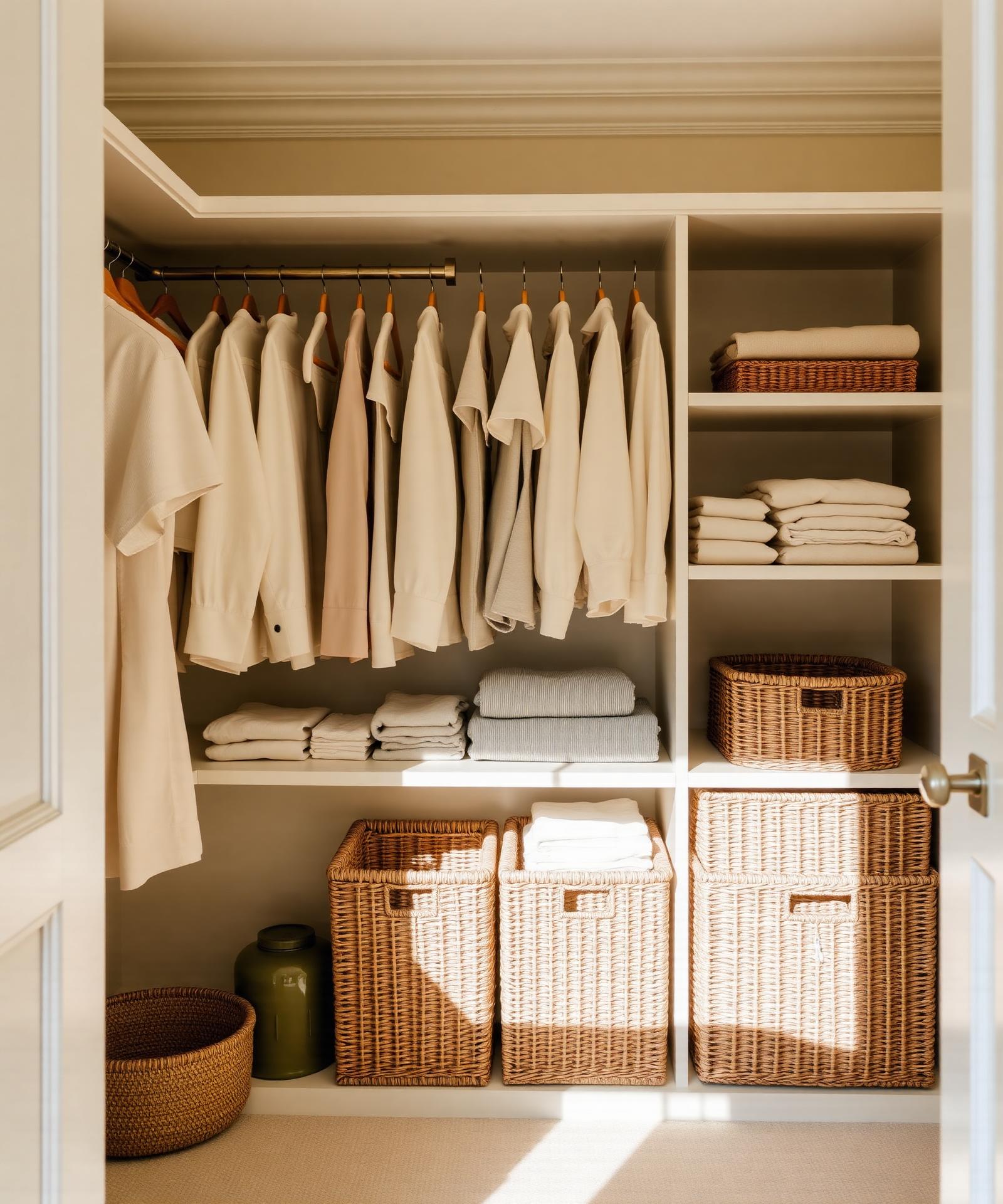 Closet organizado en tonos crema y dorado